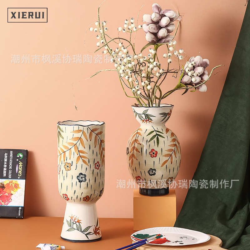 欧美田园风陶瓷手绘花瓶现代轻奢北欧插花花器客厅样板间家居装饰