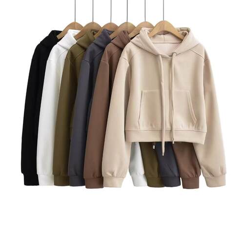 Women's drawstring long sleeved hooded sweatshirt short top