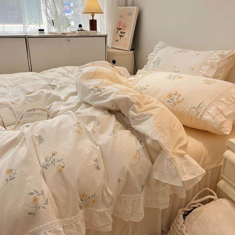 仙女荷叶边全棉四件套碎花唯美纯棉被套清新公主风花边床上用品