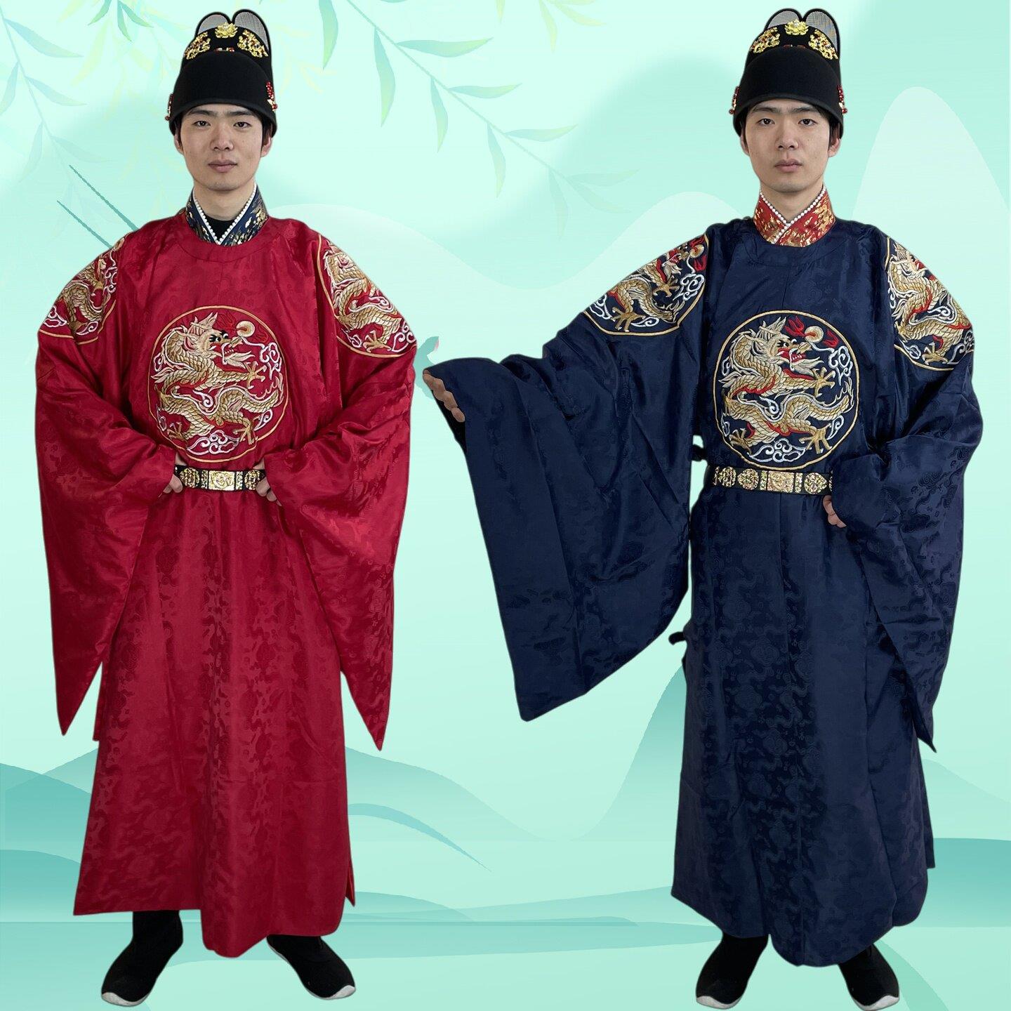 君御明制圆领袍男士汉服红色中式婚服宽松大襟团龙纹补服春夏款