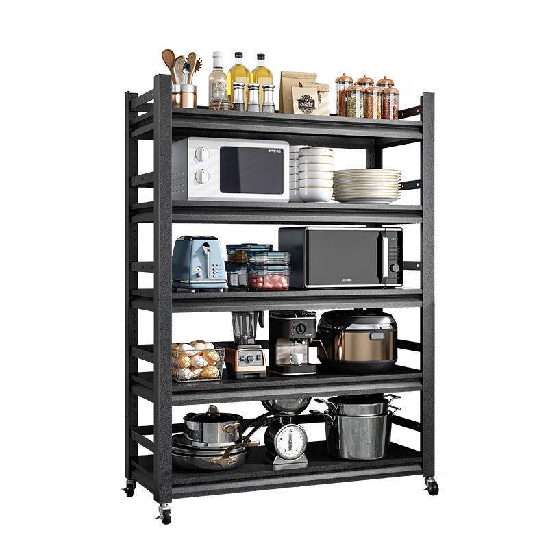 103cm黑色围栏带轮子厨房置物架落地多层微波炉烤箱收纳储物架