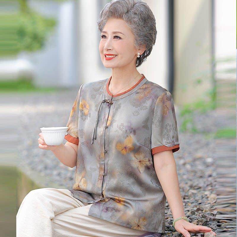 大尺码中老年人奶奶夏装桑蚕丝衬衫女短袖两件套气质真丝国风上衣