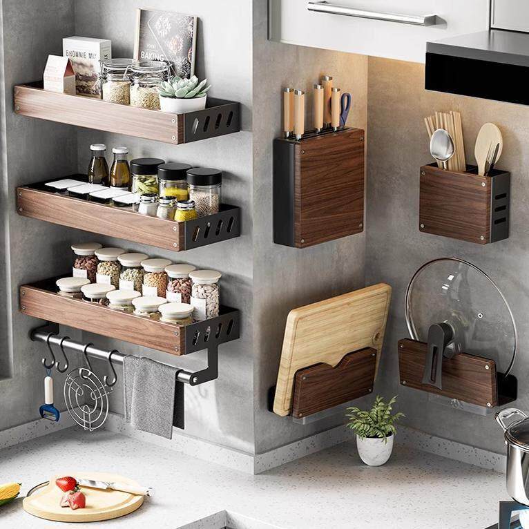 厨房置物架胡桃木不锈钢家用调味料收纳层架免打孔实木刀架锅盖架