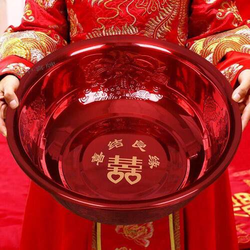 结婚喜盆不锈钢加厚婚庆用品女方嫁妆洗脸盆一对套装新娘陪嫁红盆
