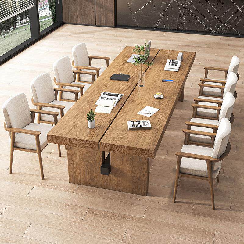 原木会议桌阅览室桌椅组合简约现代大板桌实木工作台洽谈桌子