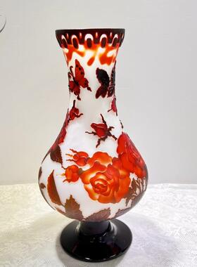 中古风灯玻璃花瓶红色花朵蝴蝶喜庆装饰品马到成功高级立体浮雕瓶