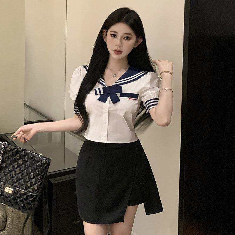 夏季新款甜辣学院风制服职业工作服短袖海军领衬衫+裤裙两件套