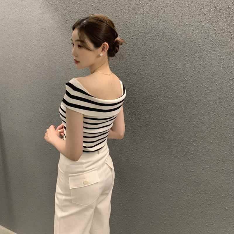 欧洲站一字肩遮副乳T恤女针织短袖夏季2025新款性感条纹洋气上衣