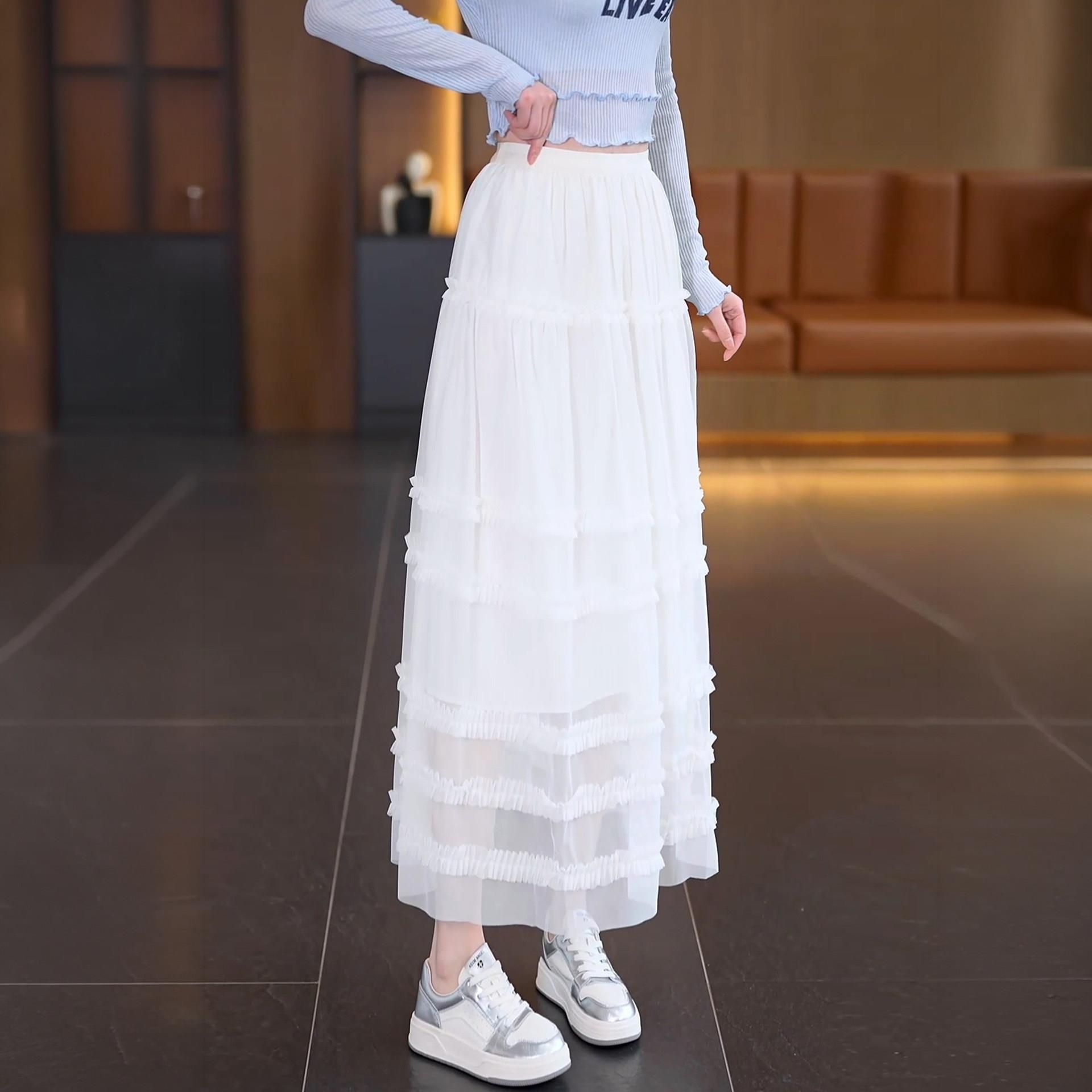 蕾丝网纱中长款半身裙子女2026春夏高腰a字蓬蓬裙伞裙蛋糕裙长裙
