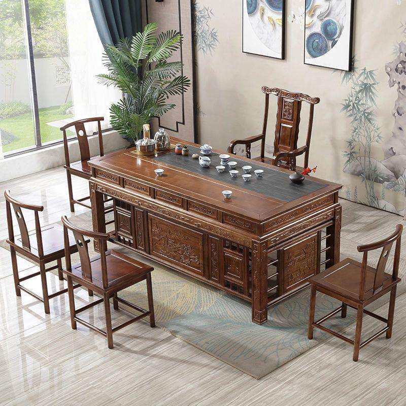 实木茶桌椅组合办公室家用榆木仿古茶几套装全自动功夫泡茶台加厚