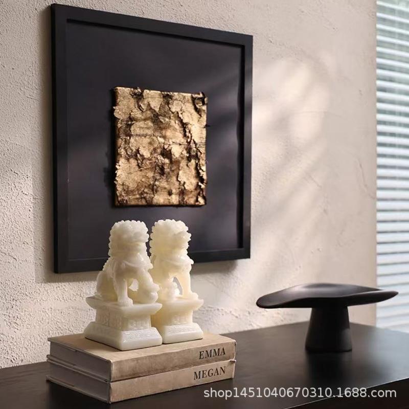 新中式茶室书房书桌装饰品摆设中古样板间展柜博古架白玉狮子摆件