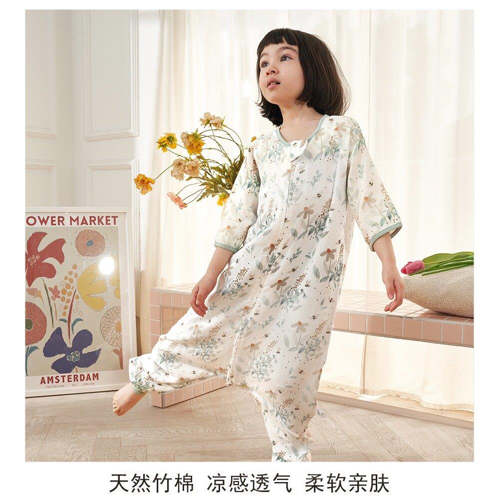 安旦 儿童睡袋夏季双层竹棉纱布分腿睡袋婴儿7分袖连体睡衣空调衣