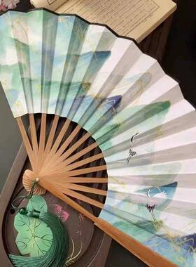 扇子夏天结实耐用轻便折叠中国风古风男生布面9寸竹山水绿色双面