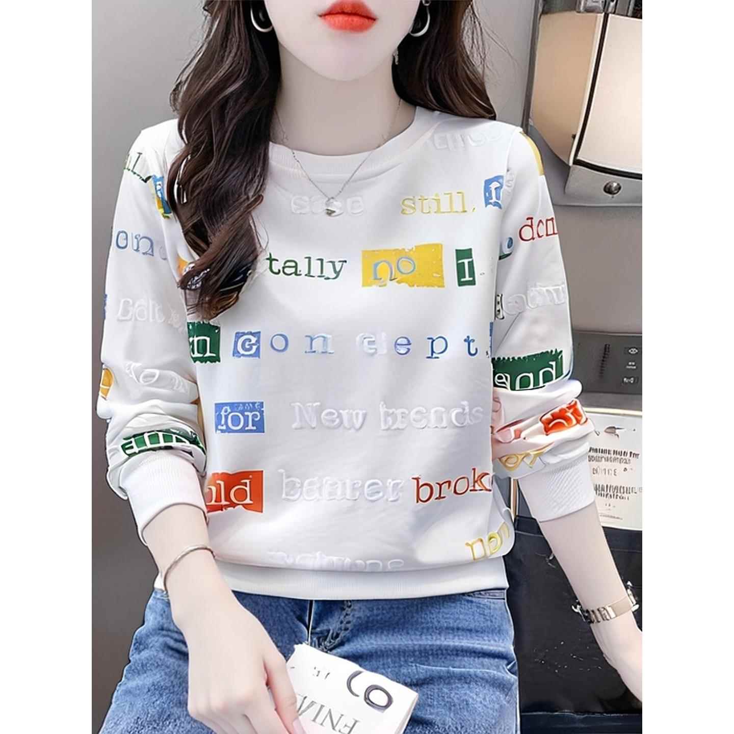 ROUMIKL字母印花宽松t恤女潮时尚百搭长袖上衣女装2025新款秋季女