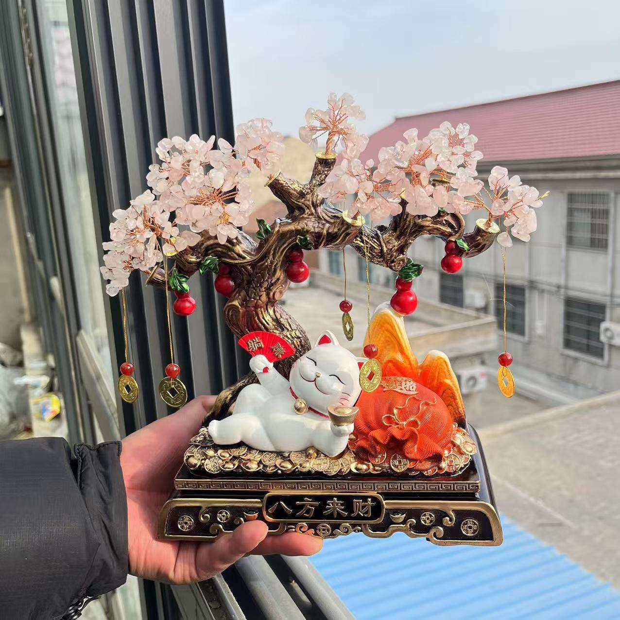 天然水晶树八方来财发财树水晶花招财猫客厅店铺水晶小摆件