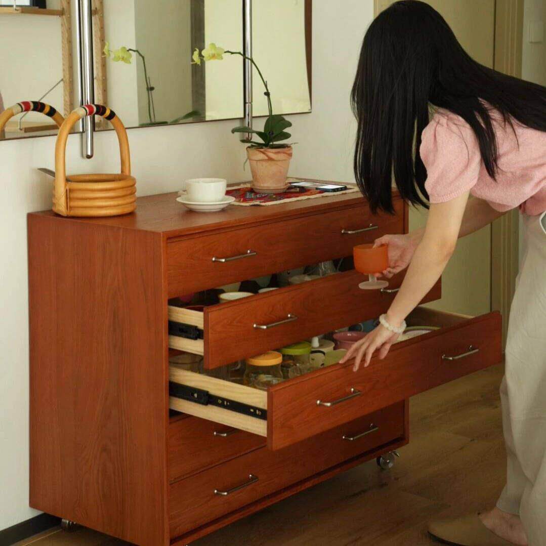 中古风实木五斗柜复古客厅沙发边柜可移动储物柜卧室床尾收纳柜