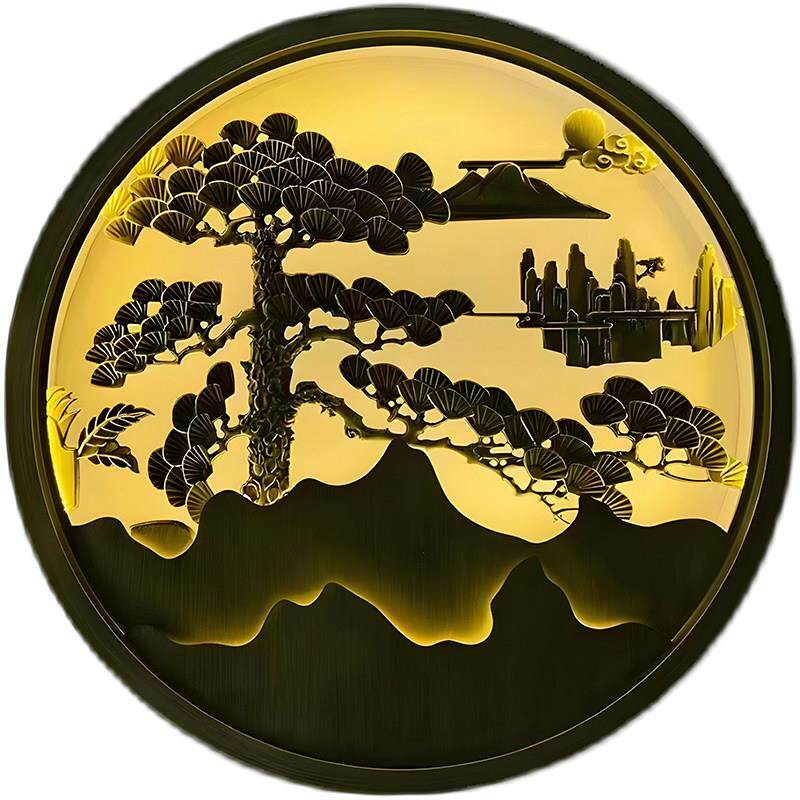 新中式铝板浮雕刻不锈钢屏风隔断圆形假山水画迎客松梅花鹿福字