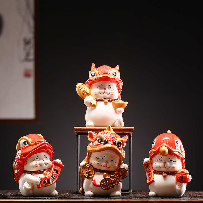 创意舞狮招财猫摆件可爱小号家居客厅桌面装饰乔迁店铺开业礼品