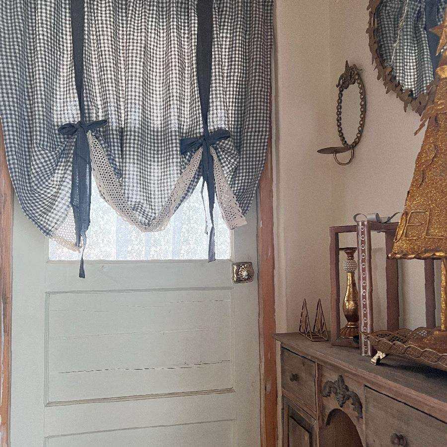 日单日系灰格子提拉帘系带帘乡村免打孔门帘粘贴魔术贴