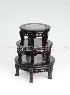 黑檀嵌大理石圆底座实木中式工艺品摆件奇石头花瓶底座木质托架