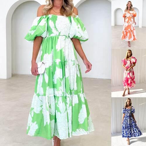 Women's Floral Print Puff Sleeve Dress Casual Off Shoulder