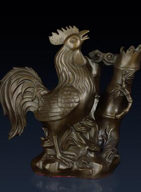 纯黄铜竹报平安鸡摆件中式铜鸡生肖鸡家居玄关办公室桌面装饰艺品