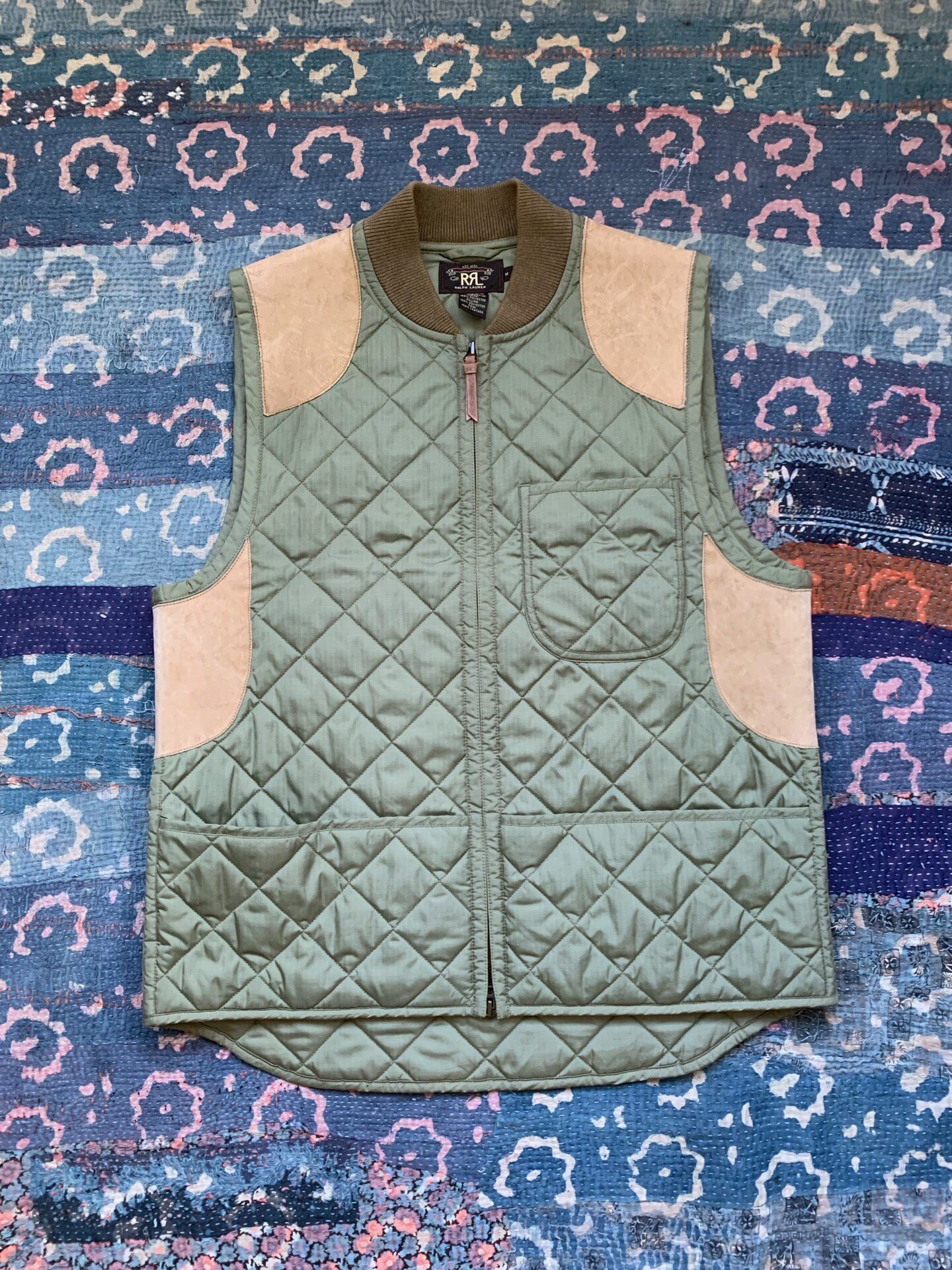 RRL Green Diamond-Quilted Leather Patch Vest