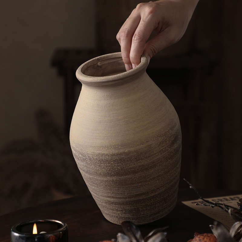 复古粗陶花瓶 侘寂风花瓶摆设 古典干花花花插 做旧风格花器