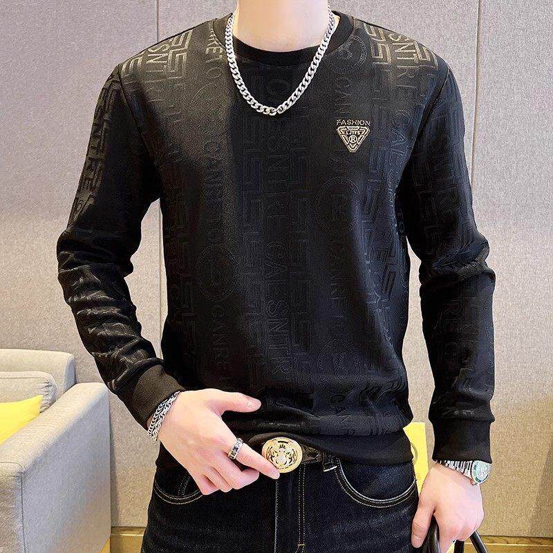 高端潮牌男士卫衣春秋季潮流烫钻休闲时尚男装上衣黑色圆领打底衫