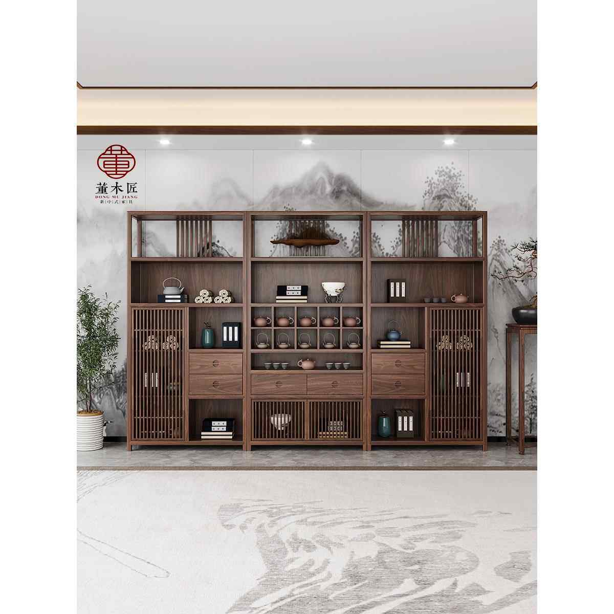 新中国风黑胡桃木架书柜茶室茶具架多宝亭实木隔断柜储物架