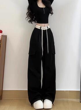 黑色工装裤女夏季新款大尺码胖mm高腰宽松显瘦梨形身材休闲 阔腿
