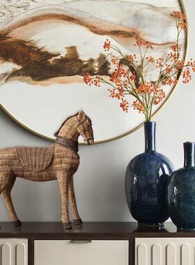 件美式关乡村藤编纹树脂马装饰BJB摆民宿客厅玄创品意办公桌工艺