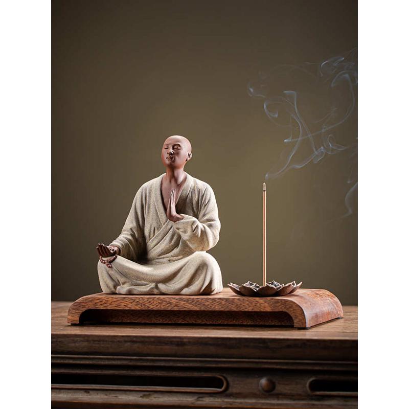 OF9D中式禅意紫砂小和尚摆件家用室内佛系装饰工艺品茶室桌面陶瓷