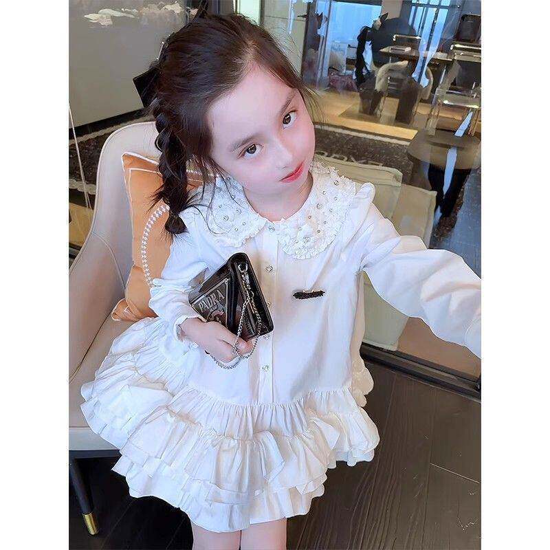 女童韩版洋气休闲连衣裙中大童春秋新款时尚字母纯色翻领公主裙潮