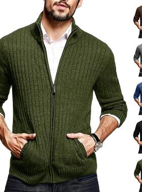 Sweater men's semi high neck long sleeved zipper knitted