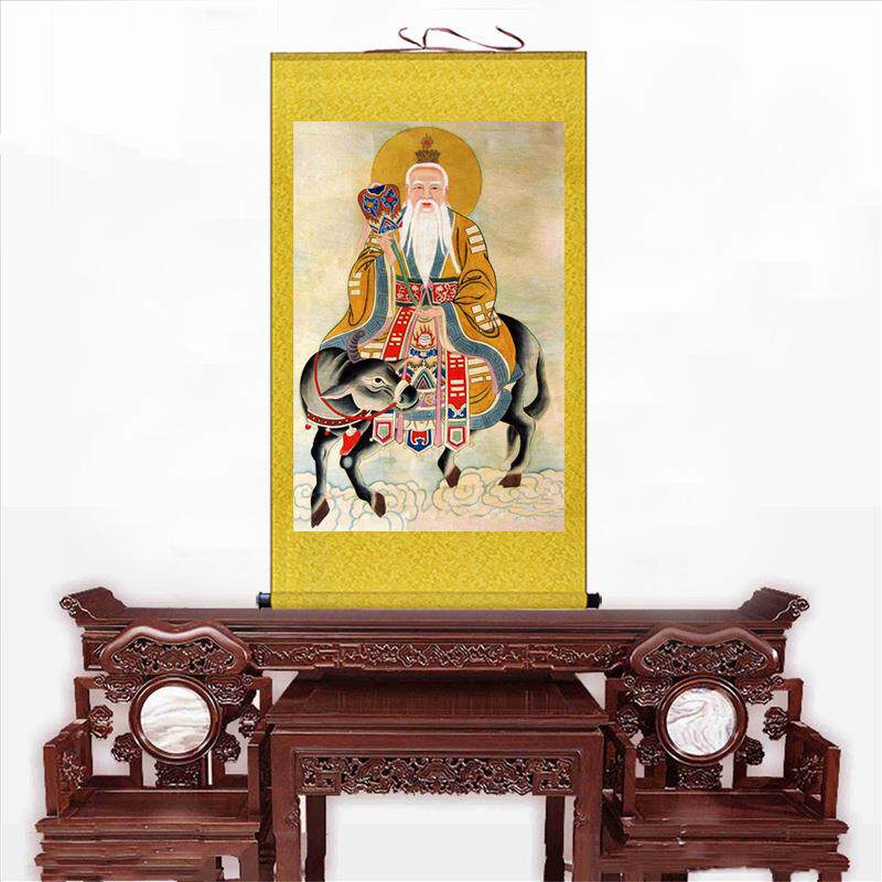 老子骑牛太上老君挂画太清道德天尊绢布卷轴画中式客厅玄关装饰画