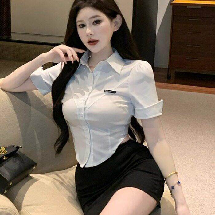 纯欲性感白色紧身收腰短袖衬衫包臀裙女夏秘书空姐职业制服套装