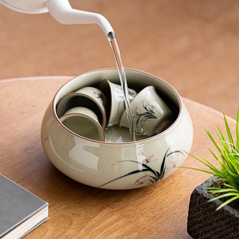 手绘草木灰兰花大茶洗陶瓷家用复古茶缸废水水盂建水茶具配件