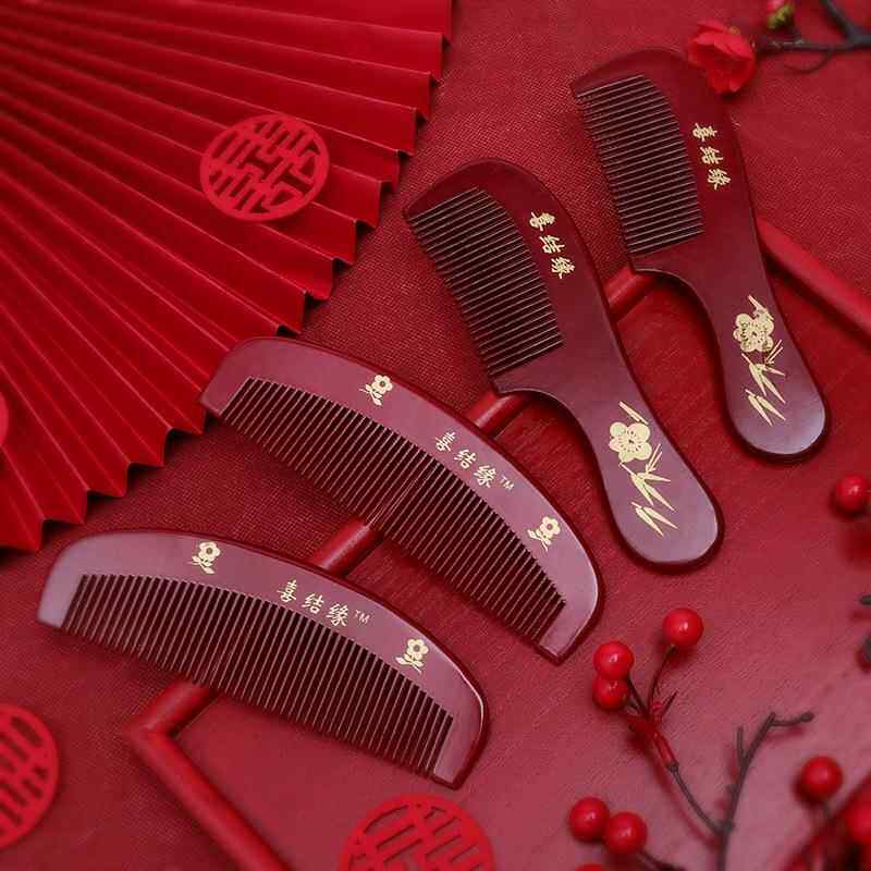 婚庆梳子结婚用品大全大红色新娘陪嫁喜庆木质长柄直梳二件套装木