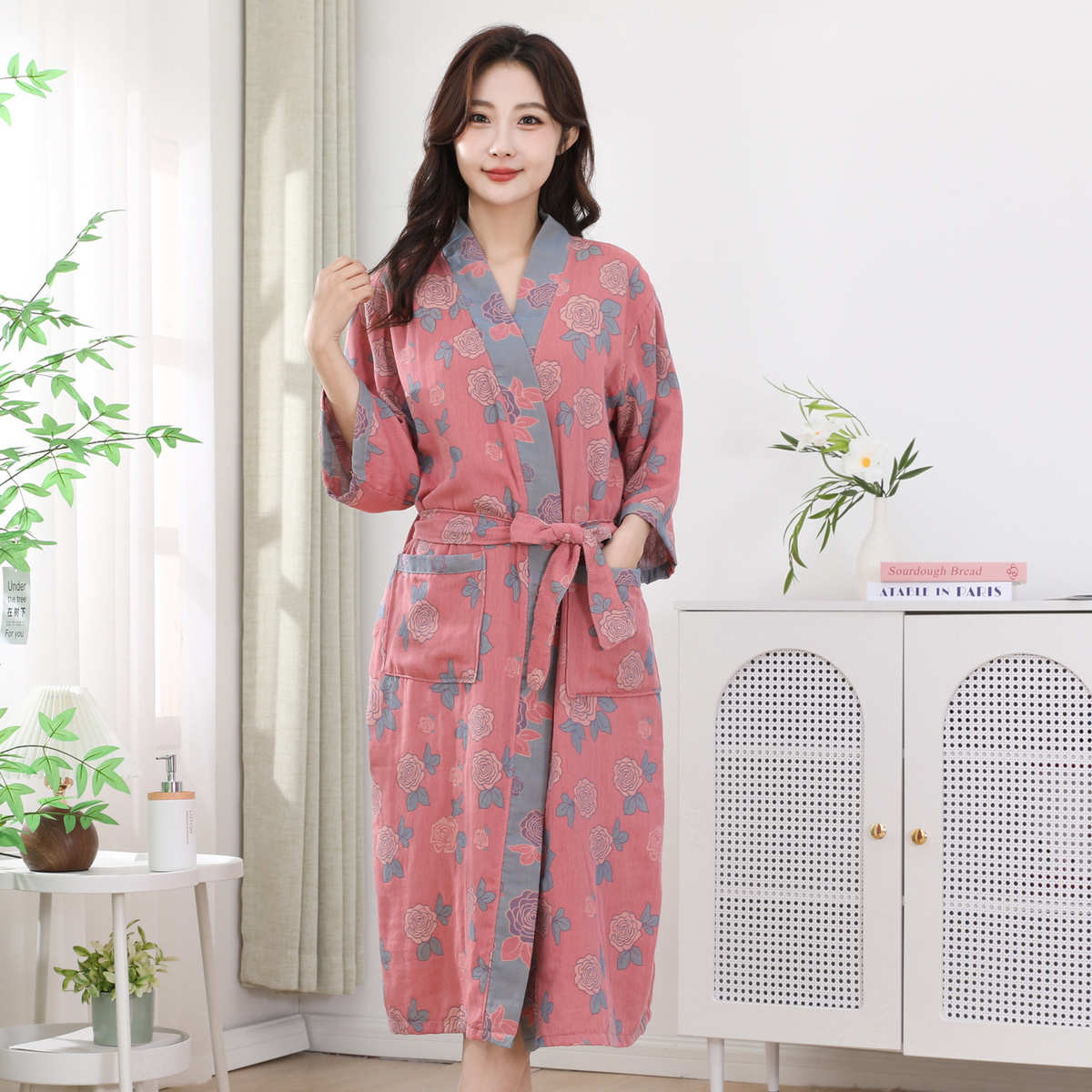 批发女款睡裙双层纱长袖女浴袍大花印花汗蒸服棉纱布吸水女款浴袍
