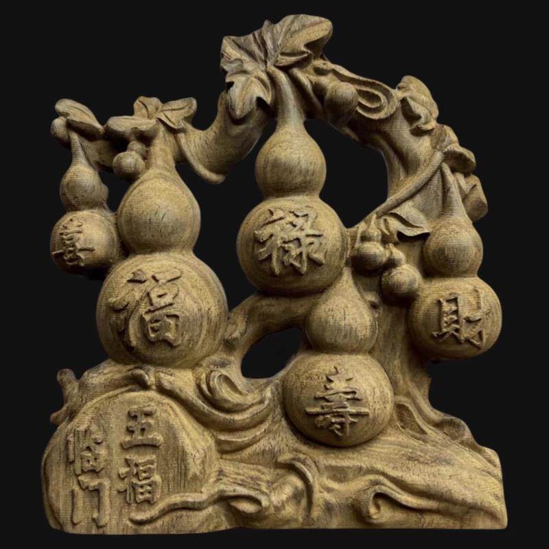 越南沉香木雕五福临门葫芦摆件实木雕刻福禄寿喜财客厅装饰工艺品