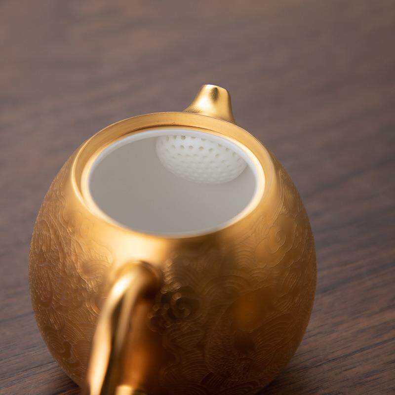 德化陶瓷【茶壶】鱼跃龙门170ml/羊脂玉瓷/龙蛋壶/全瓷滤孔鎏金
