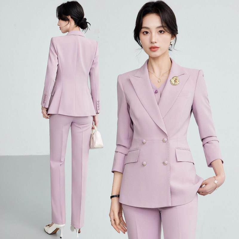 休闲粉紫色西装套装女2025新款秋冬职业装气质女士西服正装工作服