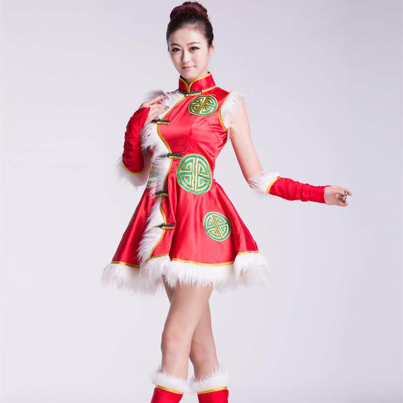 正品新色款开门女红喜庆成人裙中国娃演出秧民族歌舞台蹈腰鼓礼服