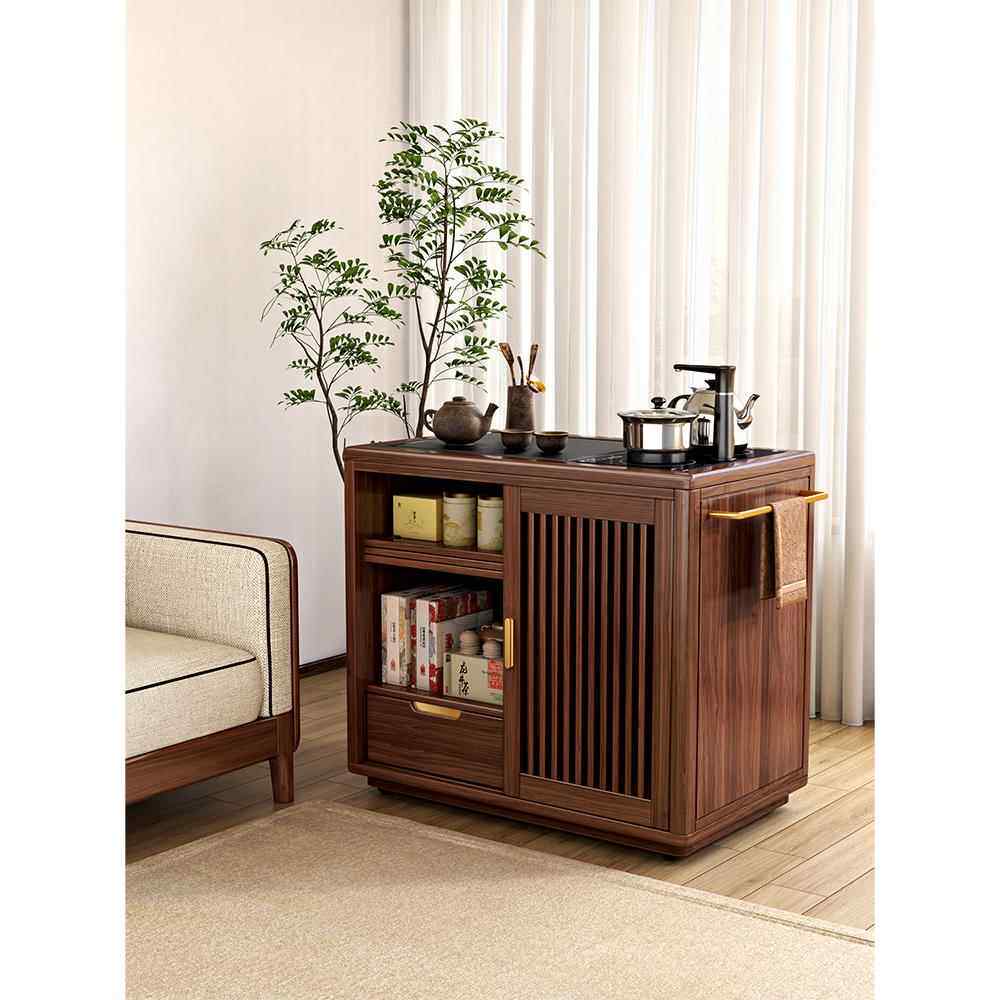 胡桃木实木移动茶柜茶壶集成边桌储物架家庭客厅沙发边柜