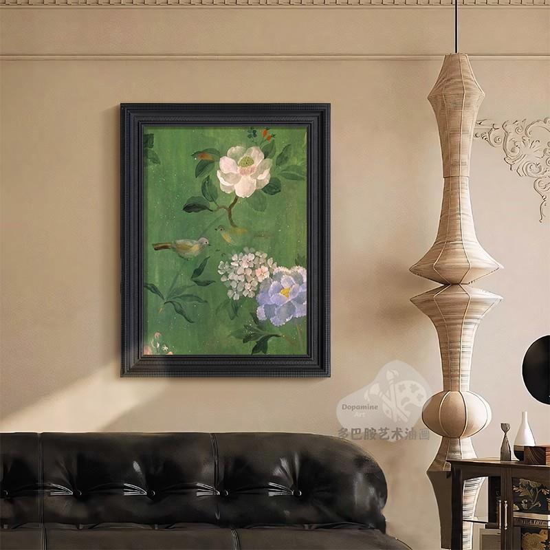 中古风花鸟图绿色手绘油画客厅装饰画复古花卉高级感卧室书房挂画图片