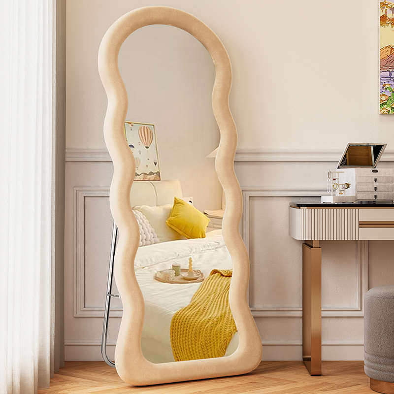 网红全身镜家用落地镜女生卧室轻奢穿衣镜波浪ins风异形试衣镜子