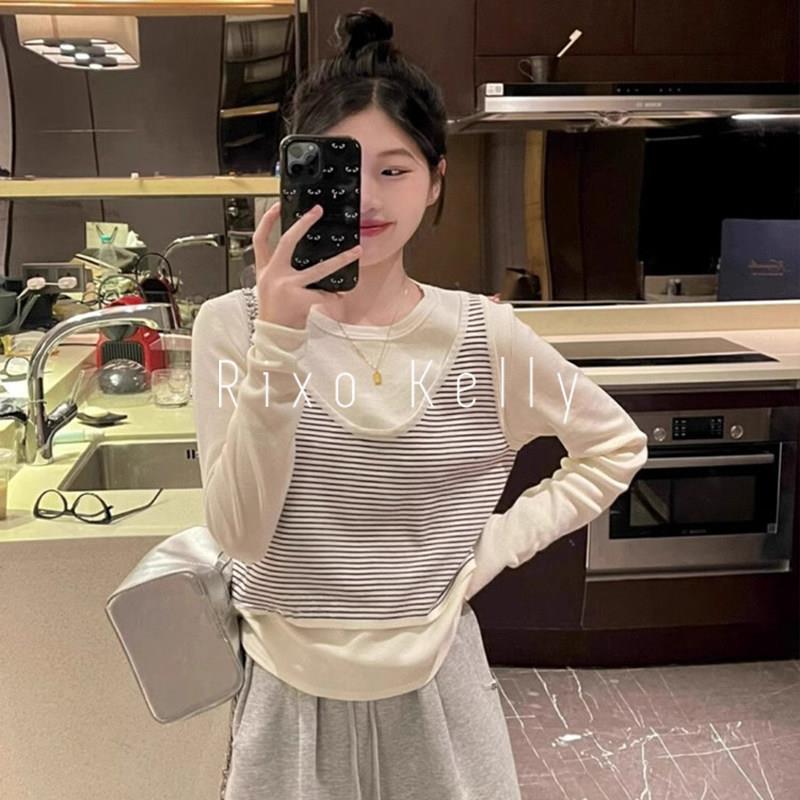Rixo Kelly假两件针织马甲拼接长袖t恤女春秋绝美宽松打底衫上衣