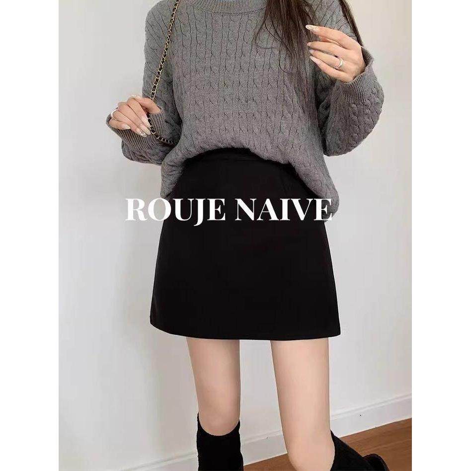 ROUJE NAIVE黑色毛呢短裙女春秋新款高腰显瘦直筒a字包臀半身裙子