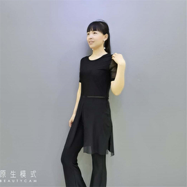 杨不不吉特巴夏季短袖长衫广场舞水兵舞服装女黑色上衣舞蹈服